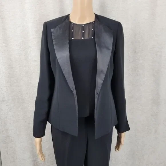 Jessica Howard Black Satin Trim Blazer Pantsuit 3 Piece Blousr Pants Jacket - Picture 5 of 16